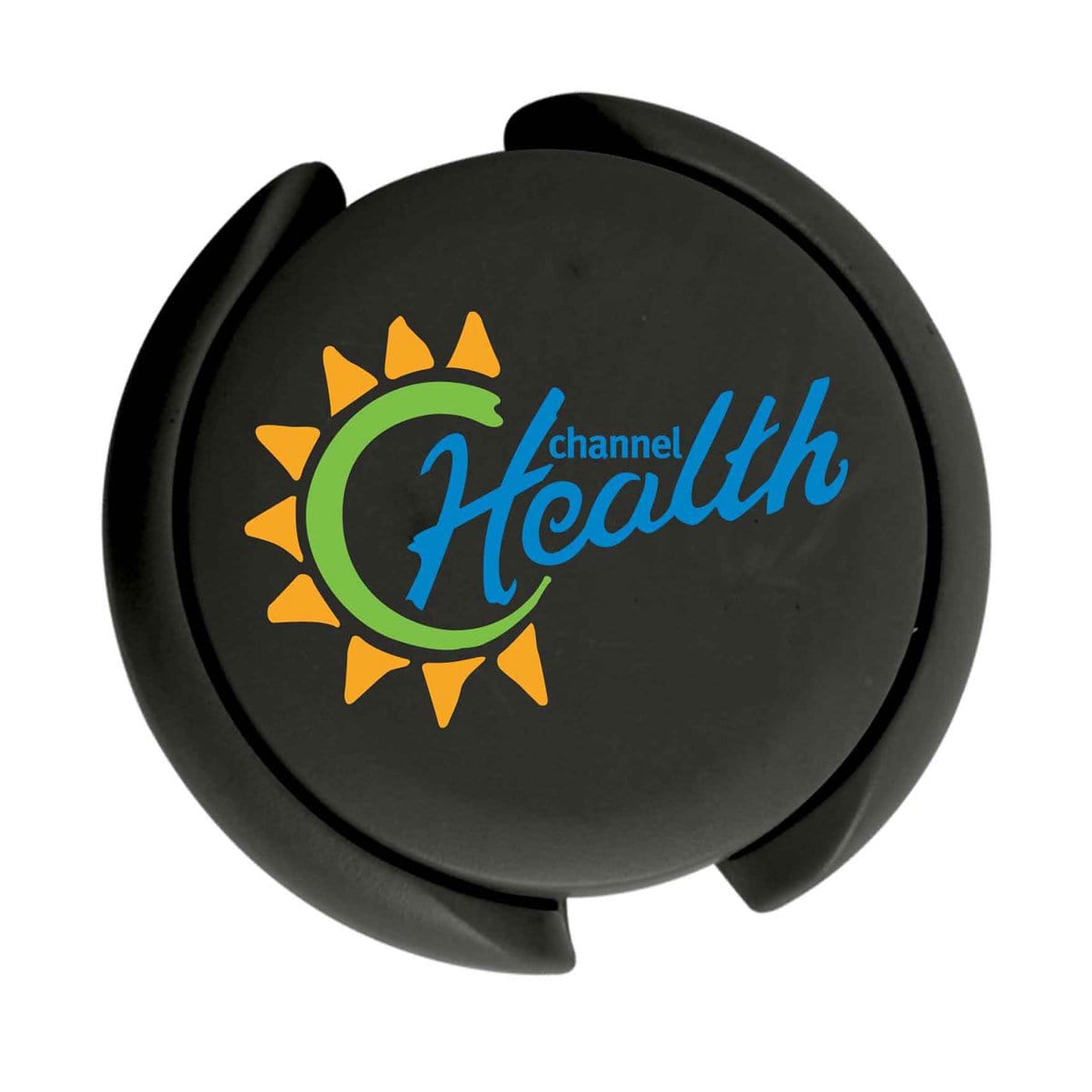 Black circular Custom Stethoscope ID Tags - Upload Your Logo to Customize with "Health Channel" written on the front in blue, featuring a green semicircle encased in orange sun rays, perfect for medical staff identification.