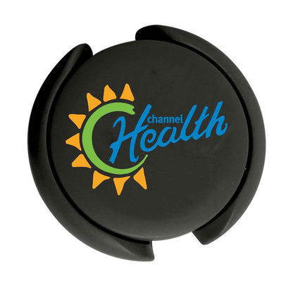 Black circular Custom Stethoscope ID Tags - Upload Your Logo to Customize with "Health Channel" written on the front in blue, featuring a green semicircle encased in orange sun rays, perfect for medical staff identification.