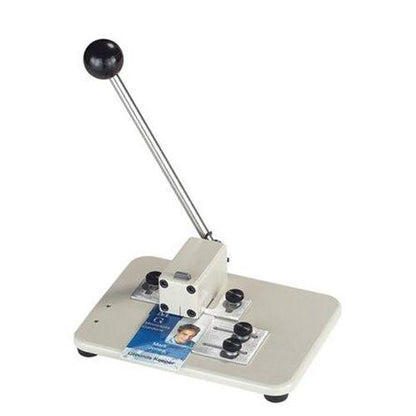 Heavy Duty Table Top Slot Punch With Adjustable Guides (P/N SPID-9620) with a stationary base and lever handle, designed to create holes in plastic identification cards. This table top slot punch is perfect for PVC card punching, offering durability and ease of use.