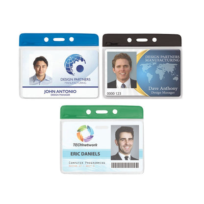 Three ID badges with photos and names: John Antonio (blue border), Dave Anthony (black border), and Eric Daniels (green border), displayed in Government/Military Size Horizontal Vinyl Color-Bar Badge Holder (P/N 1820-110X). Each badge shows job titles and company designs, making identification easy and professional.