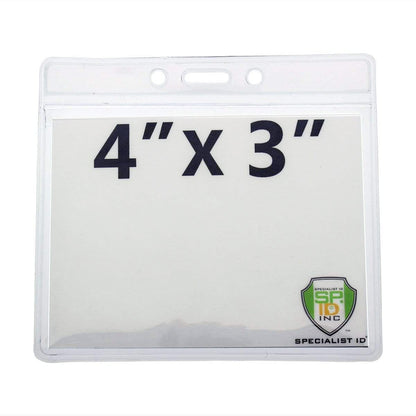 A Clear 4X3 Horizontal Convention Size Badge Holder (406-J-CLR) with an insert displaying the dimensions "4" x 3". A logo with "Specialist ID Inc." is visible at the bottom right corner, ensuring professional ID protection.