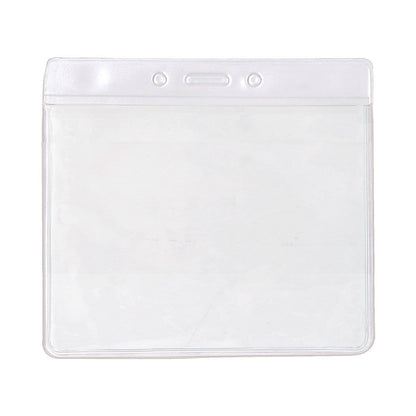 A Clear 4X3 Horizontal Convention Size Badge Holder (406-J-CLR) with a horizontal convention size and reinforced holes for hanging, ensuring excellent ID protection.