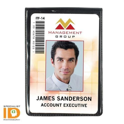 Employee ID badge for James Sanderson, an Account Executive at Management Group, featuring a photo and barcode, securely held in an Oversize Magnetic Vertical ID Badge Holder for CR100 Cards - 501-L.