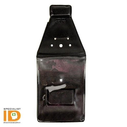 A black, rectangular, clear-front protective pouch with a slot for attaching to a belt. The Oversize Magnetic Vertical ID Badge Holder for CR100 Cards - 501-L has a transparent window on the front. Specialist ID logo is featured in the bottom left corner.