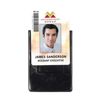 ID badge for "James Sanderson, Account Executive" from "Management Group" with a photo, barcode, and company logo, encased in an Oversize Magnetic Vertical ID Badge Holder for CR100 Cards - 501-L.