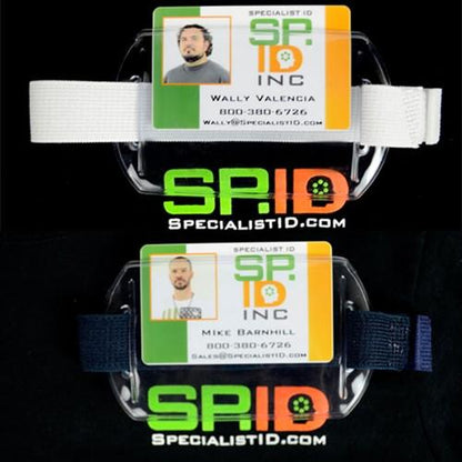 Two Heavy Duty Horizontal Armband Badge Holders with Elastic Hook & Loop Strap (504-AR1X) from "Specialist ID, Inc." are shown. The top badge is for Wally Valencia with a white hook and loop strap, while the bottom badge is for Mike Barnhill with a black strap.