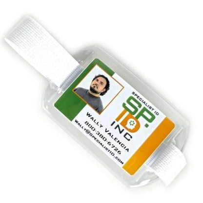 A Heavy Duty Horizontal Armband Badge Holder with Elastic Hook & Loop Strap (504-AR1X) with a green, white, and orange design displaying an ID card. The ID card shows a photo, name, contact information, and the company logo "SP INC". It features a horizontal armband for easy wear.