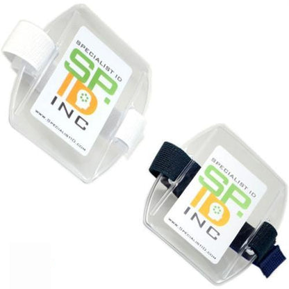 Two Government ID Size Vertical Arm Band Badge Holders with Heavy Duty Vinyl and Hook & Loop Elastic Band (504-ARFB & 504-ARFW), one in white and one in black.