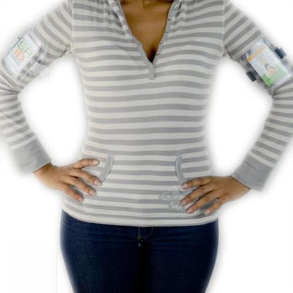 A person wearing a striped long-sleeve shirt with two arm pockets holding phones, posing with their hands on their hips, and an adjustable elastic strap around their arm displaying a Government ID Size Vertical Arm Band Badge Holder with Heavy Duty Vinyl and Hook & Loop Elastic Band (504-ARFB & 504-ARFW).