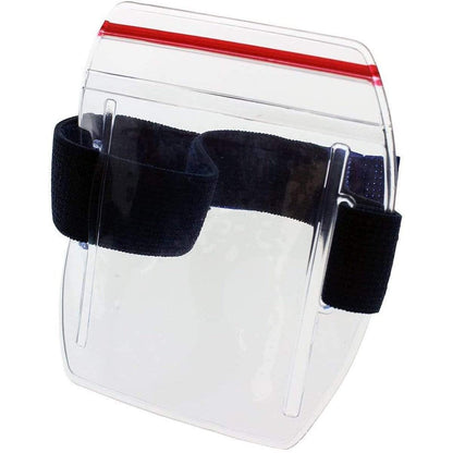 A Vertical Armband ID Badge Holder with Zipper Top (504-ARZB & 504-ARZW) with a red trim at the top, black adjustable elastic straps on the sides, and a convenient zipper top for easy access.