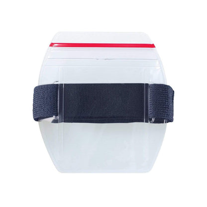 A clear plastic armband holder with a black adjustable strap, featuring a red closure at the top, ideal as Vertical Armband ID Badge Holders with Zipper Top (504-ARZB & 504-ARZW).