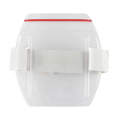 A transparent plastic cardholder with a white elastic band and a red zipper top, perfect for use as Vertical Armband ID Badge Holders with Zipper Top (504-ARZB & 504-ARZW).
