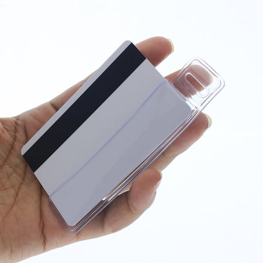 Hand holding the 504-HC1 clear vinyl half card holder with a mag-stripe card inserted.