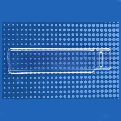 A Vertical Half Card Vinyl Holder with Slot (P/N 504-HC1) with rounded edges and a handle slot, designed to fit a credit card size ID badge, placed against a blue dotted background.