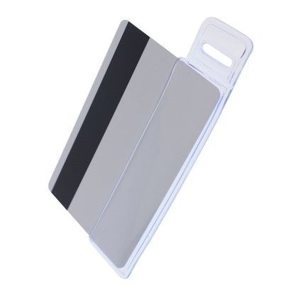 A magnetic stripe card partially inserted into a Vertical Half Card Vinyl Holder with Slot (P/N 504-HC1) at the top for attaching.