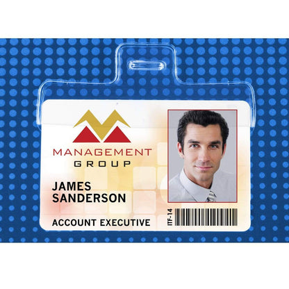 ID badge for the Management Group featuring a photo of a man with dark hair labeled as "James Sanderson, Account Executive." The credit card size ID badge has a barcode, identification number IIF-14, and fits neatly into a Horizontal Half Card Vinyl Holder with Slot (P/N 504-HC2).