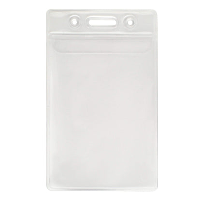 Vinyl Vertical Badge Holder with Flap (506-24FS) with a rectangular shape, transparent front, and vertical ID badge holder design, featuring holes for attachment at the top.