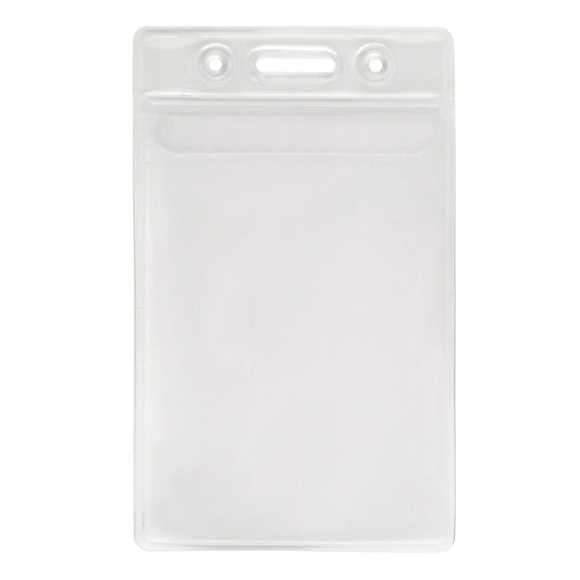 Vinyl Vertical Badge Holder with Flap (506-24FS) with a rectangular shape, transparent front, and vertical ID badge holder design, featuring holes for attachment at the top.
