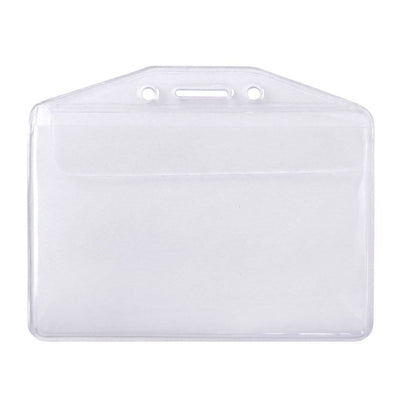A Vinyl Horizontal Badge Holder with Flap (506-32FS) with two holes and a slot for attaching to a lanyard, offering durable badge protection while showing no visible identification inside.
