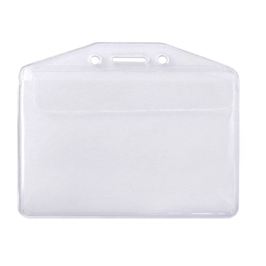 A Vinyl Horizontal Badge Holder with Flap (506-32FS) with two holes and a slot for attaching to a lanyard, offering durable badge protection while showing no visible identification inside.