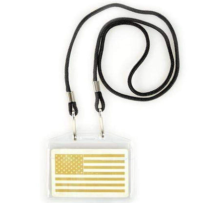 Transparent and durable badge protection featuring a black lanyard, the Vinyl Horizontal Badge Holder with Flap (506-32FS) securely contains a card displaying a gold American flag.