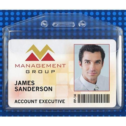 A company ID badge for account executive James Sanderson from Management Group, featuring a photo, barcode, and text. This ID badge comes with durable badge protection using a Vinyl Horizontal Badge Holder with Flap (506-32FS) to ensure longevity and security.