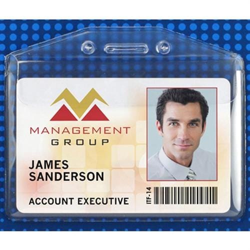 A company ID badge for account executive James Sanderson from Management Group, featuring a photo, barcode, and text. This ID badge comes with durable badge protection using a Vinyl Horizontal Badge Holder with Flap (506-32FS) to ensure longevity and security.