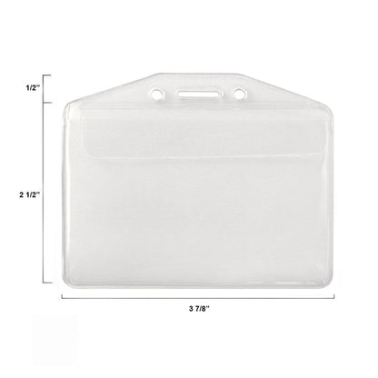 A durable Vinyl Horizontal Badge Holder with Flap (506-32FS) with dimensions marked: 2 1/2" width, 3 7/8" length, and 1/2" top section. This clear plastic ID badge holder features three holes for attachment purposes, ensuring your ID remains securely in place.