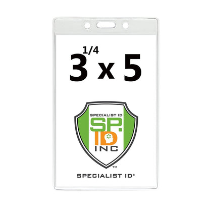 The 3 1/4" X 5" Clear Premium Vinyl Vertical Extra Large ID Badge Holder (P/N 506-35625) beautifully showcases the Specialist ID logo within dimensions of 3 x 5 inches and a 1/4 inch margin, crafted from clear premium vinyl for added durability.