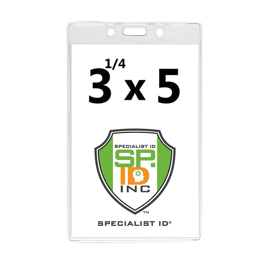 The 3 1/4" X 5" Clear Premium Vinyl Vertical Extra Large ID Badge Holder (P/N 506-35625) beautifully showcases the Specialist ID logo within dimensions of 3 x 5 inches and a 1/4 inch margin, crafted from clear premium vinyl for added durability.