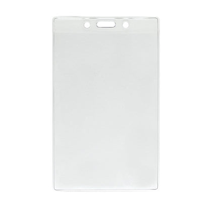 3 1/4" X 5" Clear Premium Vinyl Vertical Extra Large ID Badge Holder (P/N 506-35625) with three punch holes at the top for attaching to a lanyard or clip.