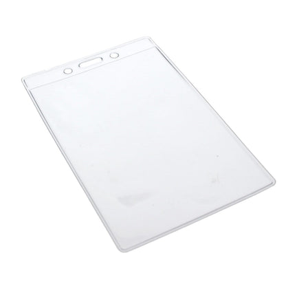A 3 1/4" X 5" Clear Premium Vinyl Vertical Extra Large ID Badge Holder (P/N 506-35625) with holes for attaching a lanyard.