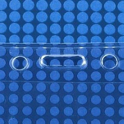 A close-up view of a 3 1/4" X 5" Clear Premium Vinyl Vertical Extra Large ID Badge Holder (P/N 506-35625) reveals an array of circular indents and three rectangular perforations in the center, designed for durability and longevity.