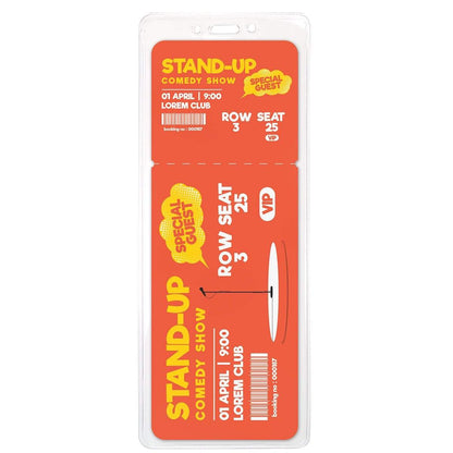 An orange comedy show ticket with details for an event on April 1st, 9:00 PM at Lorem Club. The ticket is for row 3, seat 25 and is marked VIP with a special guest announcement and comes with a 3X8 Clear Vinyl Vertical Extra Large Badge Holder (506-35875) for easy handling.