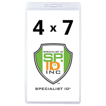 A 4 1/8" X 7 1/2" Clear Vinyl Vertical Extra Large Badge Holder (P/N 506-4258) displaying the dimensions "4 1/8" X 7 1/2"" above a shield-shaped logo with the text "Specialist ID Inc" and "SP ID INC".