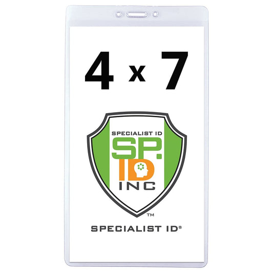 A 4 1/8" X 7 1/2" Clear Vinyl Vertical Extra Large Badge Holder (P/N 506-4258) displaying the dimensions "4 1/8" X 7 1/2"" above a shield-shaped logo with the text "Specialist ID Inc" and "SP ID INC".