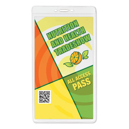 A badge for the Nutrition and Health Tradeshow, labeled "All Access Pass" with a QR code at the bottom left. Designed in orange, green, and yellow hues with a citrus graphic, it fits perfectly in a 4 1/8" X 7 1/2" Clear Vinyl Vertical Extra Large Badge Holder (P/N 506-4258).