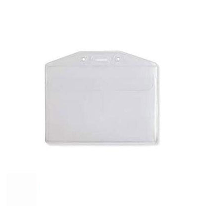 Vinyl Horizontal Badge Holder with Flap (506-43FS) with a flap and two punched holes at the top for secure ID card attachment.