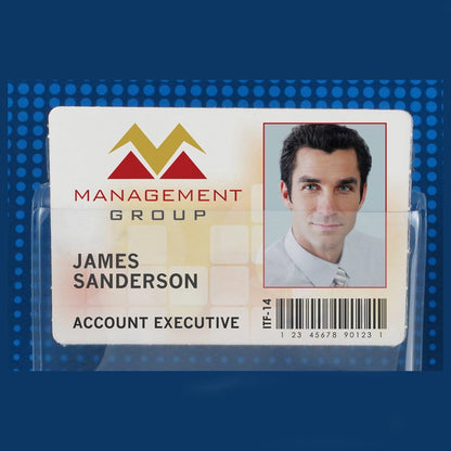 The ID card for Management Group showcases a photo of James Sanderson, identifying him as an Account Executive. Encased in a Vinyl Horizontal Badge Holder with Flap (506-43FS), it features a barcode and an ID number ITF-14.