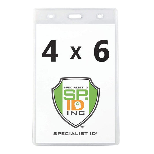Vertical 4" X 6" Oversize Vinyl Badge Holder with Opaque Back (506-456) with a paper insert displaying "4 x 6" and the "Specialist ID" logo. This oversize vinyl badge holder is perfect for those seeking a large event ticket holder that ensures visibility and durability.