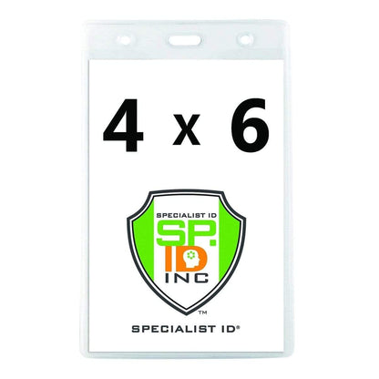 A vertical 4" X 6" Oversize Vinyl Badge Holder with Opaque Back (506-456). The front features the Specialist ID INC logo with a green and orange shield design. This oversize vinyl badge holder is perfect for large event tickets.