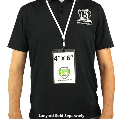 Person wearing a black polo shirt with an **Vertical 4" X 6" Oversize Vinyl Badge Holder with Opaque Back (506-456)** hanging from a lanyard around their neck. The text "Lanyard Sold Separately" is shown at the bottom.