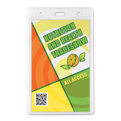 A large event ticket holder labeled "Nutrition and Health Tradeshow," with "All Access" at the bottom, featuring an orange and leaves illustration and a QR code. This Vertical 4" X 6" Oversize Vinyl Badge Holder with Opaque Back (506-456) is perfect for any tradeshow enthusiast.