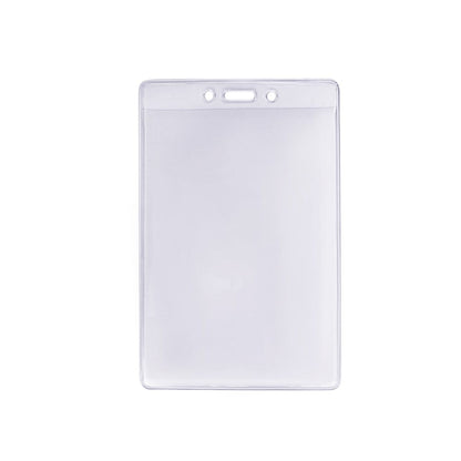 A Premium 3 1/2 x 5 1/4 Clear Vinyl Vertical Extra Large Badge Holder (506-46) with two holes and one slot at the top for attaching a lanyard.