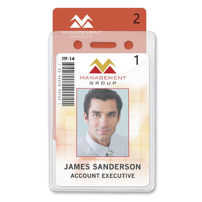 A professional ID badge display for account executive James Sanderson from the Management Group, featuring his photo, barcode, and the company logo. Housed in a Two Card Vinyl Badge Holder for Vertical Badges - Premium 2 Pocket Multiple ID Badge Sleeve (506-N2), it ensures both durability and a polished look.