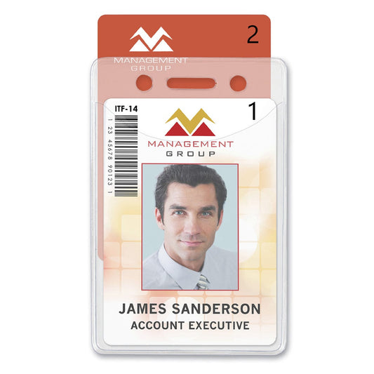 A professional ID badge display for account executive James Sanderson from the Management Group, featuring his photo, barcode, and the company logo. Housed in a Two Card Vinyl Badge Holder for Vertical Badges - Premium 2 Pocket Multiple ID Badge Sleeve (506-N2), it ensures both durability and a polished look.