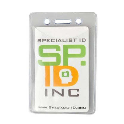 A clear plastic **Two Card Vinyl Badge Holder for Vertical Badges - Premium 2 Pocket Multiple ID Badge Sleeve (506-N2)** features a vertical two-pocket design with a card inside displaying the logo and text "Specialist ID Inc." along with the website "www.specialistid.com.