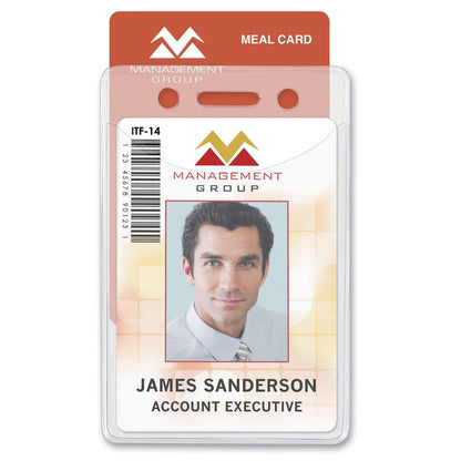 The ID badge for "James Sanderson," labeled an "Account Executive" at "Management Group," is showcased in a Two Card Vinyl Badge Holder for Vertical Badges - Premium 2 Pocket Multiple ID Badge Sleeve (506-N2). The badge features his photo, a barcode, and the text "MEAL CARD" at the top, all perfectly suited for a vertical two-pocket badge holder.