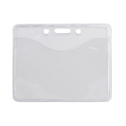 A Horizontal Premium Clear Vinyl ID Badge Holder (P/N 506-T1) crafted from heavy-duty vinyl, featuring a horizontal design with three holes at the top for attaching a lanyard. The holder has a transparent pocket for displaying an ID card or name tag.