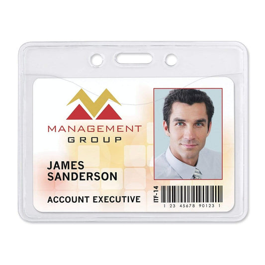 An ID badge labeled "Management Group" with a photo of a man, stating "James Sanderson, Account Executive," encased in a Horizontal Premium Clear Vinyl ID Badge Holder (P/N 506-T1) and displaying a barcode and ID number ITF-14.